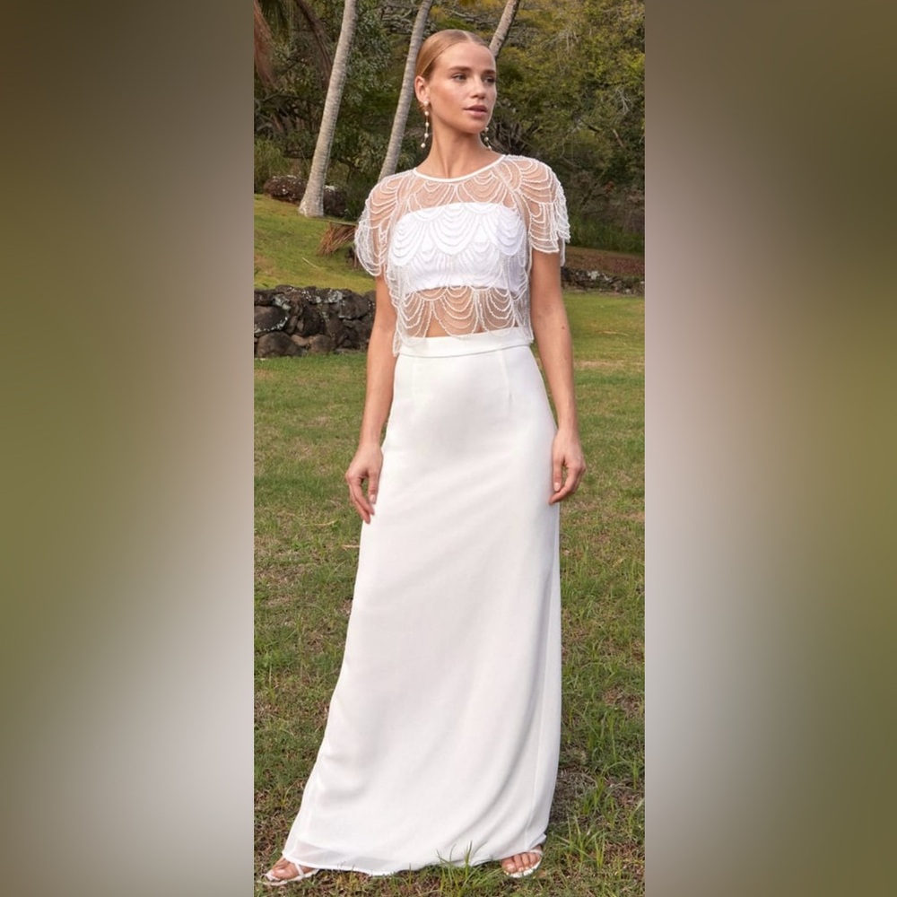 Everlasting Poise White Sheer Pearl Beaded Two-Piece Maxi Dress